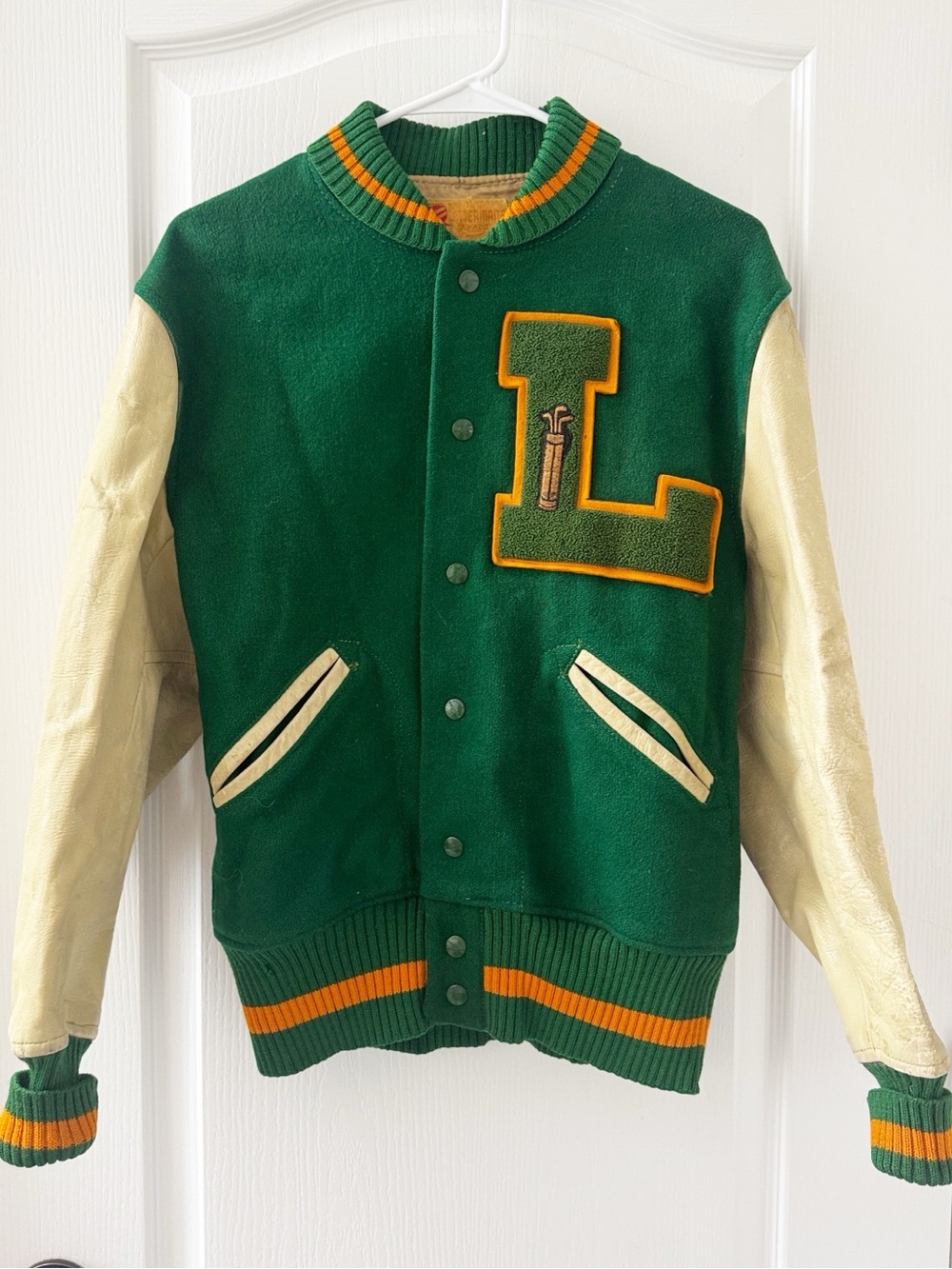 VINTAGE Green Letterman’s Jacket “L” Graphics With Golf Logo, Wool Size 40